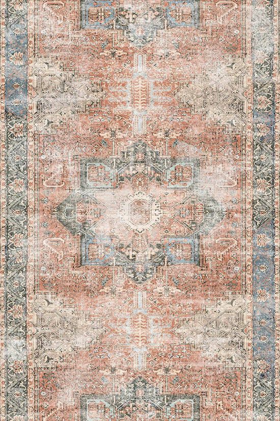 Distressed Vintage Cezanne Terracotta Blue Washable Runner - VITAL 1610-01