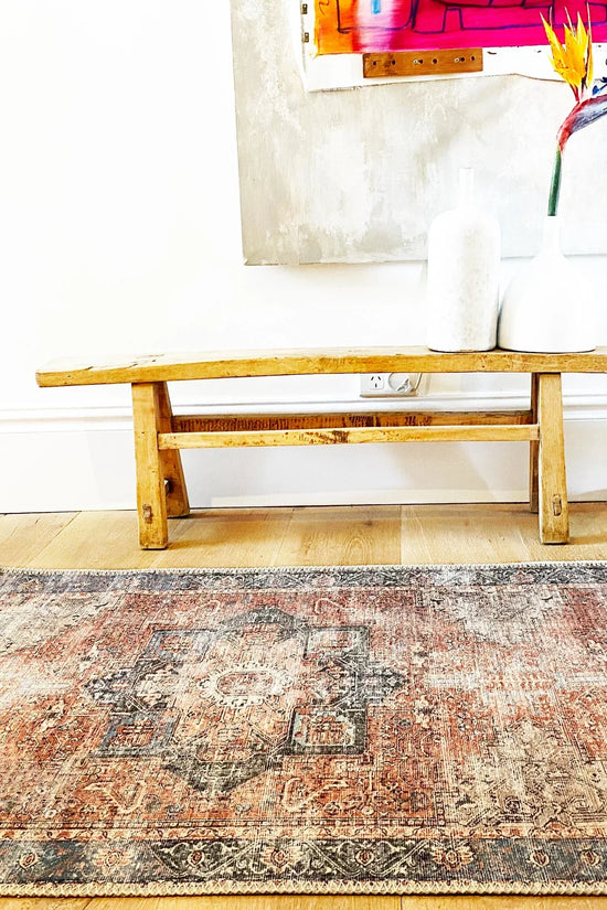 Distressed Vintage Cezanne Terracotta Blue Washable Runner - VITAL 1610-01