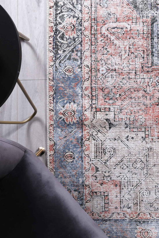 Distressed Vintage Cezanne Terracotta Blue Washable Runner - VITAL 1610-01