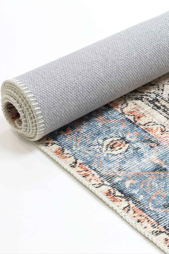 Distressed Vintage Cezanne Terracotta Blue Washable Runner - VITAL 1610-01