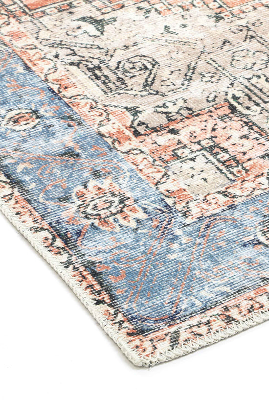 Distressed Vintage Cezanne Terracotta Blue Washable Runner - VITAL 1610-01
