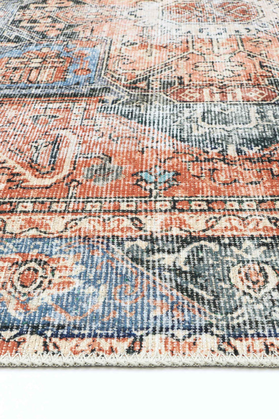 Distressed Vintage Cezanne Terracotta Blue Washable Runner - VITAL 1610-01