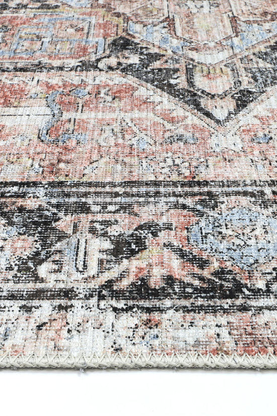 Annabel Distressed Vintage Terracotta & Sky Blue Rug - VITAL 2664-07 (with fringe)