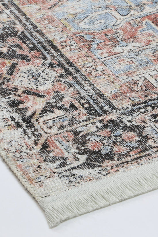 Annabel Distressed Vintage Terracotta & Sky Blue Rug - VITAL 2664-07 (with fringe)