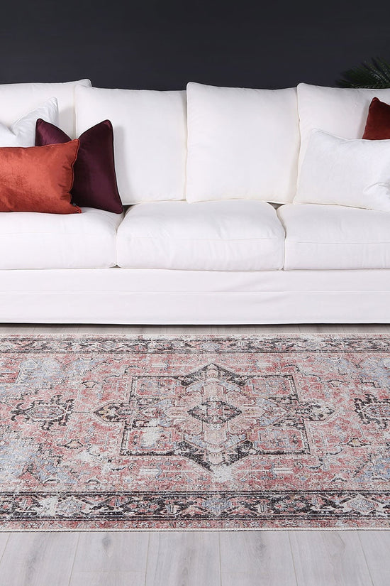 Annabel Distressed Vintage Terracotta & Sky Blue Rug - VITAL 2664-07 (with fringe)