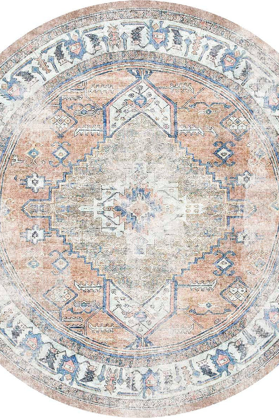Pissarro Terracotta Blue Washable Round Rug - VITAL 3163-00
