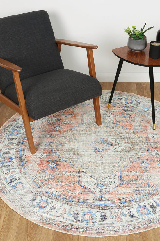 Pissarro Terracotta Blue Washable Round Rug - VITAL 3163-00