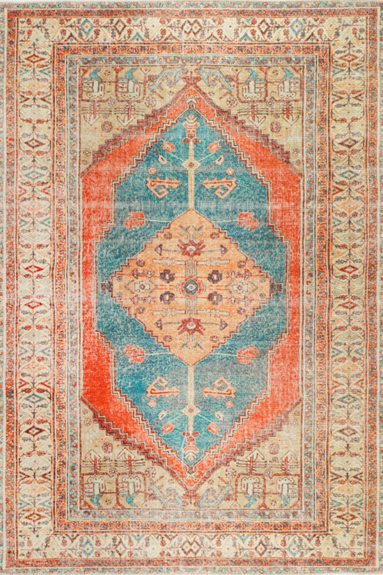 Distressed Louvre Rustic Blue Washable Rug - VITAL 3181-00