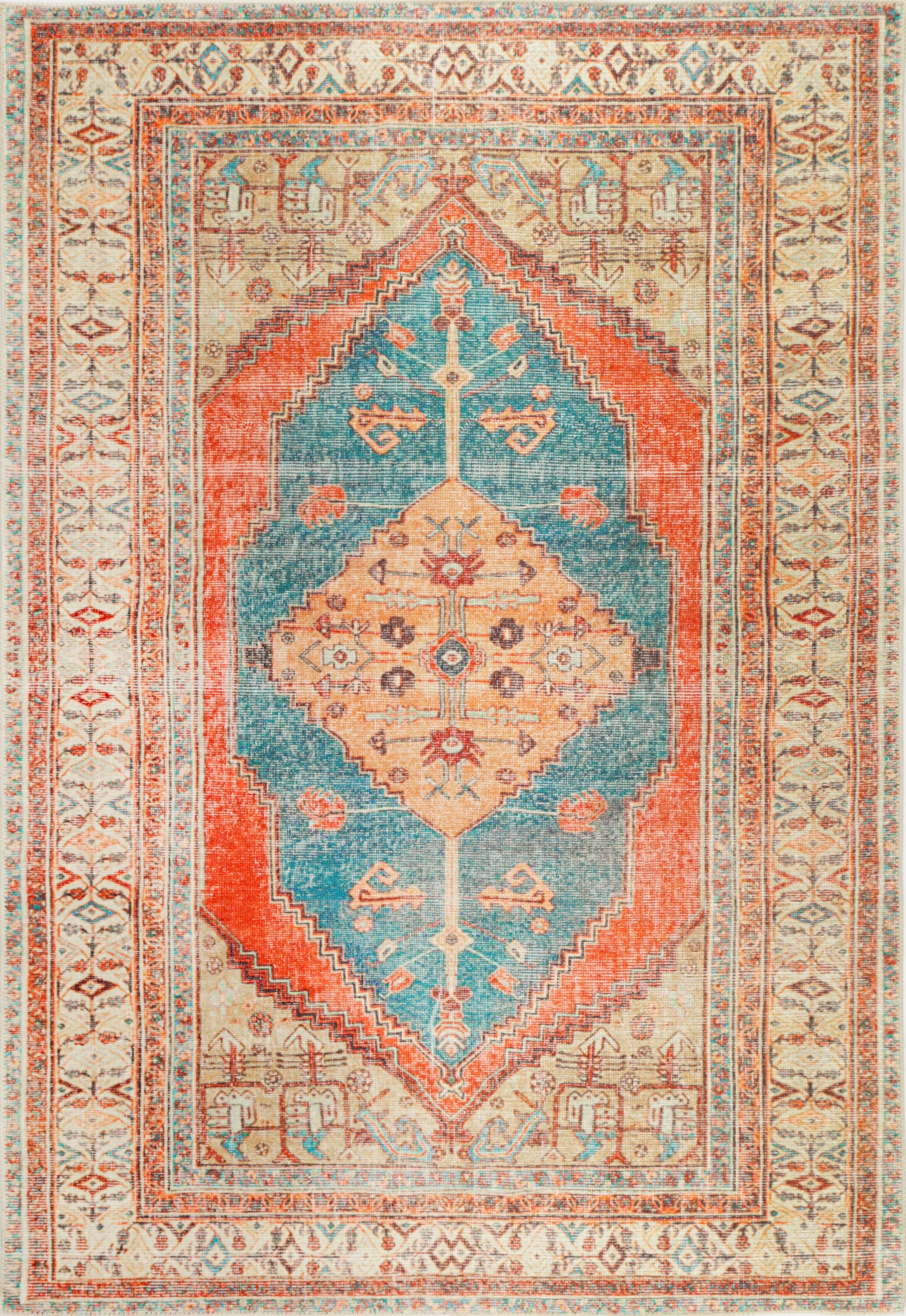 Distressed Louvre Rustic Blue Washable Rug - VITAL 3181-00