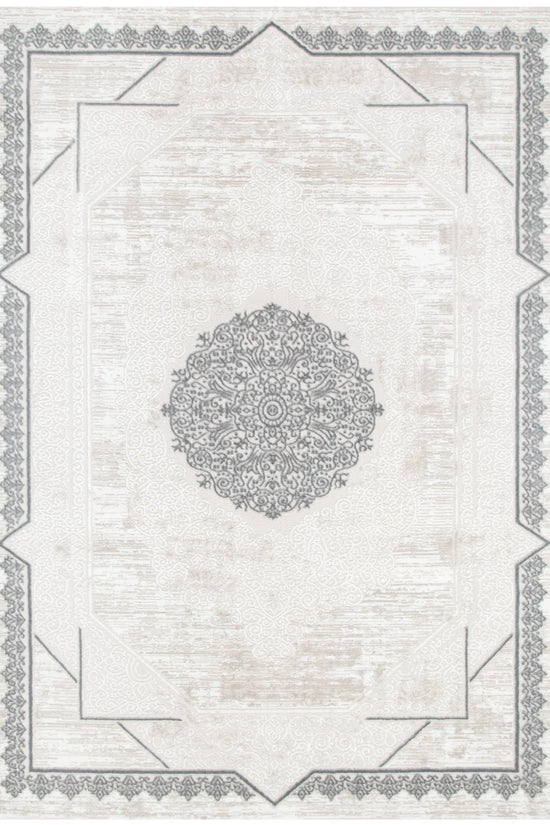 Amalfi Oriental Border Medallion Cream Grey Rug