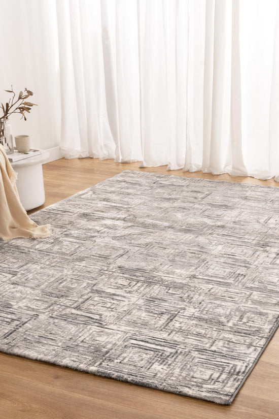 Atina Distressed Geo Squares Grey Rug - AT03
