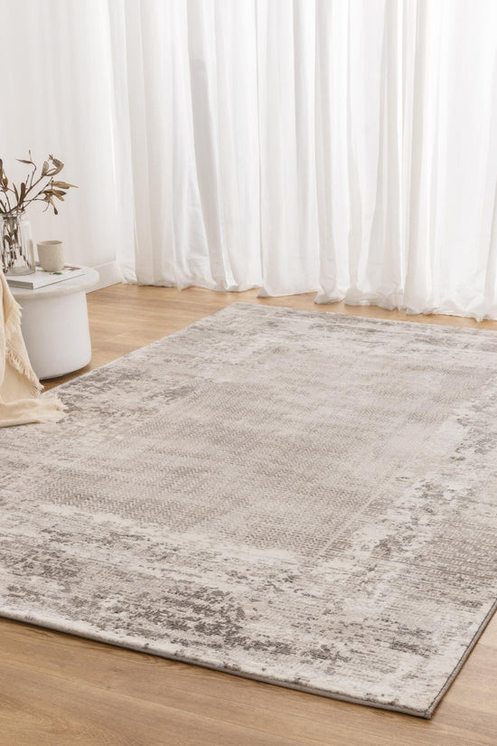 Atina Distressed Border Beige Grey Rug - AT04