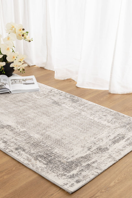 Atina Distressed Border Beige Grey Rug - AT04