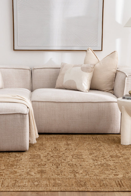 Heritage Distressed Border Mustard Rug - H105: (Different Tassel)