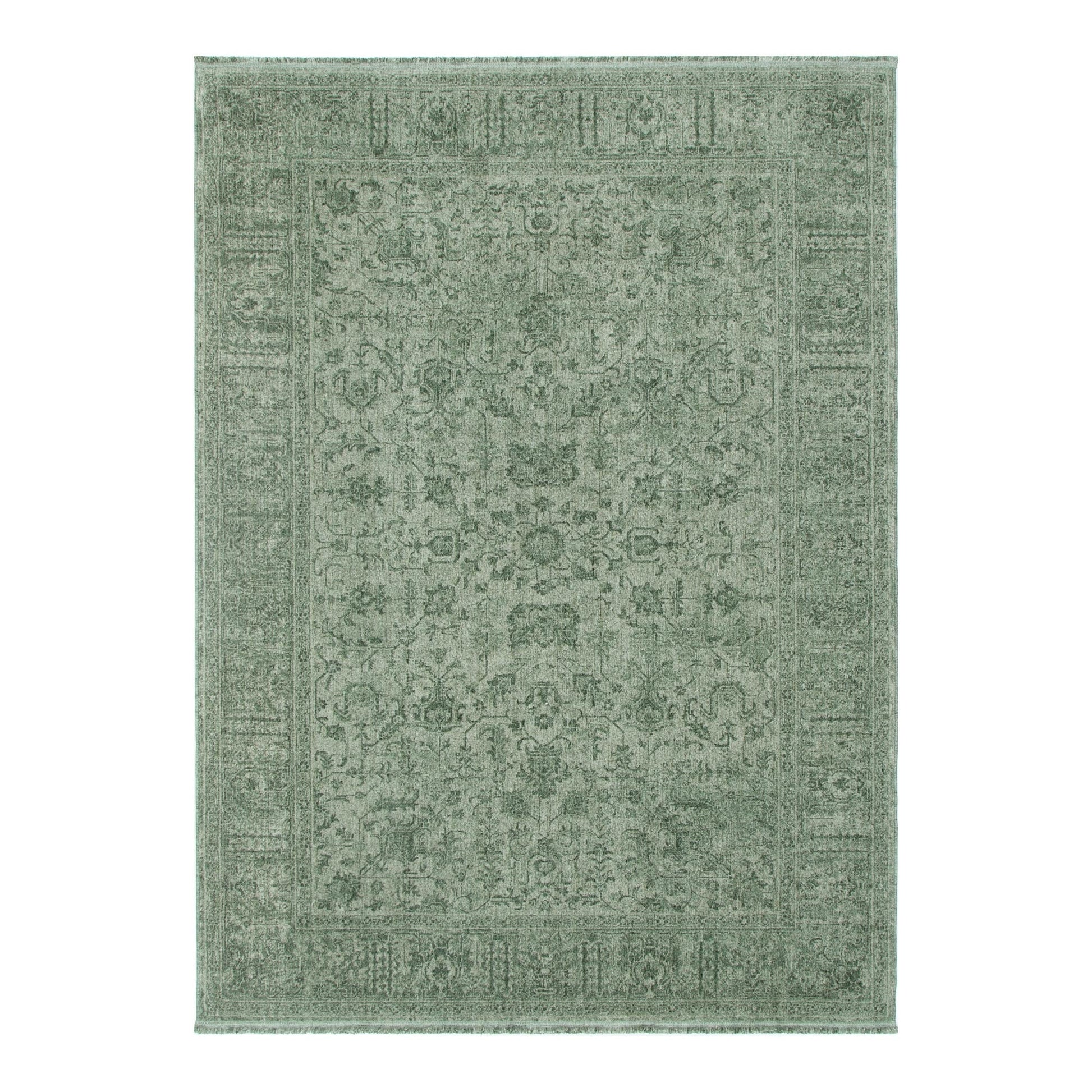 Heritage Distressed Border Green Rug - H107: (Different Tassel)