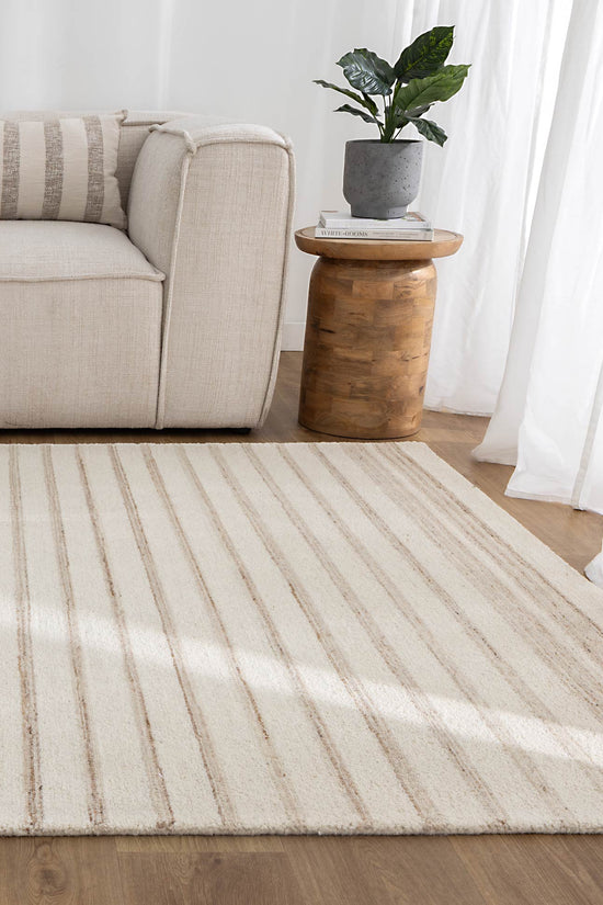 Praia Stripes Ivory Beige Wool Rug