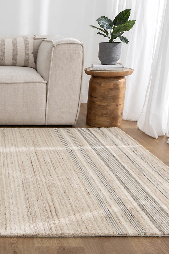 Praia Multi Stripe Beige Grey Wool Rug