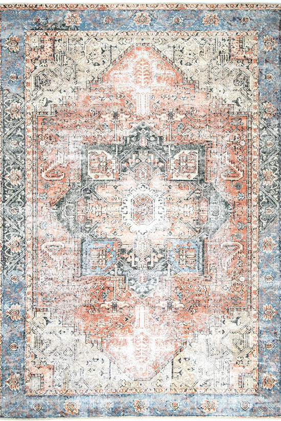 Distressed Vintage Cezanne Terracotta Blue Washable Rug - VITAL 1610-01