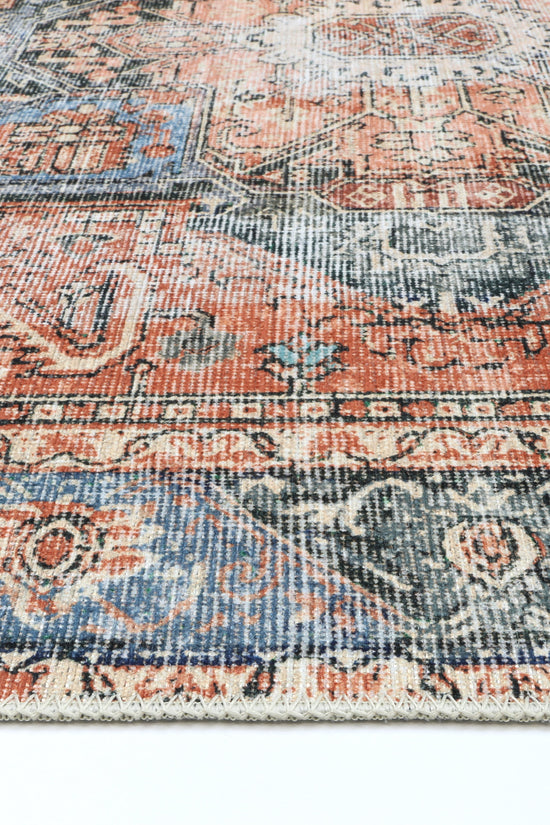 Distressed Vintage Cezanne Terracotta Blue Washable Rug - VITAL 1610-01
