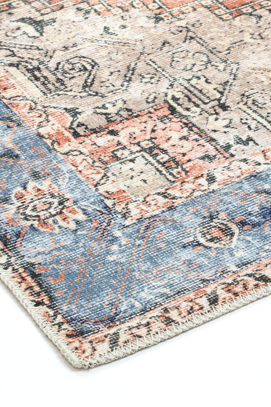 Distressed Vintage Cezanne Terracotta Blue Washable Rug - VITAL 1610-01