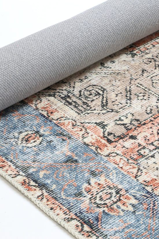 Distressed Vintage Cezanne Terracotta Blue Washable Rug - VITAL 1610-01