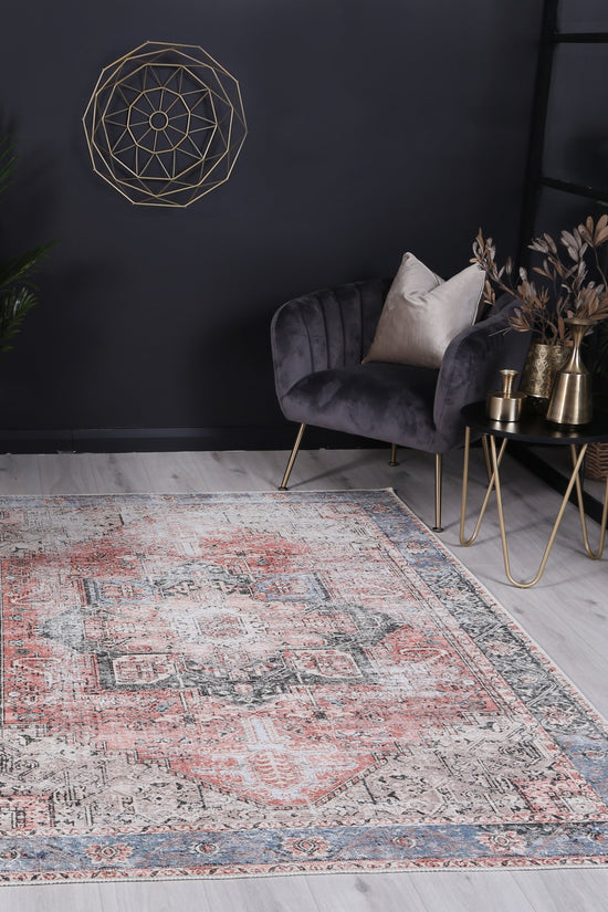 Distressed Vintage Cezanne Terracotta Blue Washable Rug - VITAL 1610-01