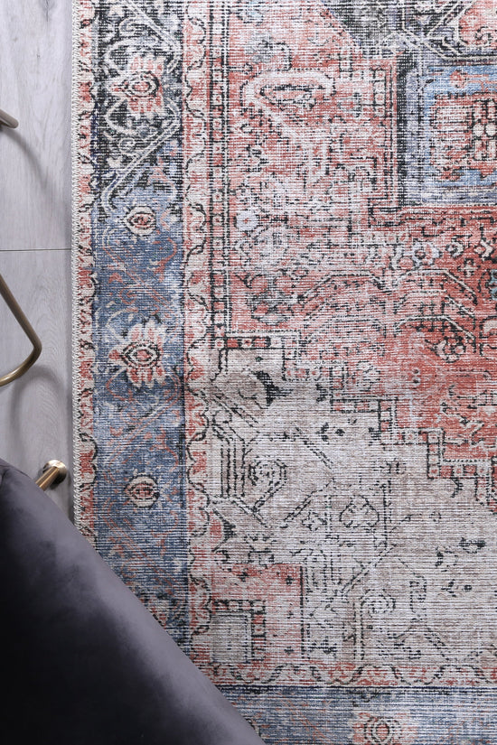 Distressed Vintage Cezanne Terracotta Blue Washable Rug - VITAL 1610-01