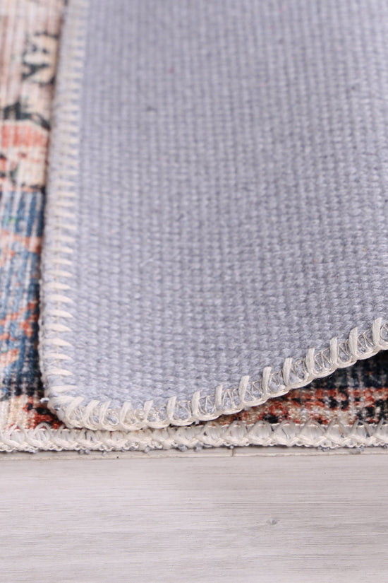 Distressed Vintage Cezanne Terracotta Blue Washable Rug - VITAL 1610-01