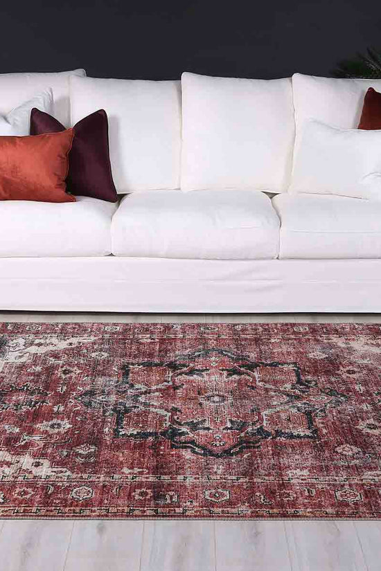 Distressed Vintage Cezanne Terracotta Area Rug - VITAL 2244-01 (with fringe)