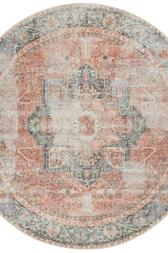 Distressed Vintage Cezanne Terracotta Blue Washable Round Rug - VITAL 1610-01