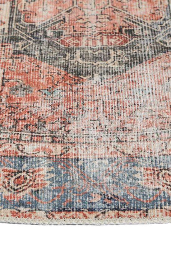Distressed Vintage Cezanne Terracotta Blue Washable Round Rug - VITAL 1610-01
