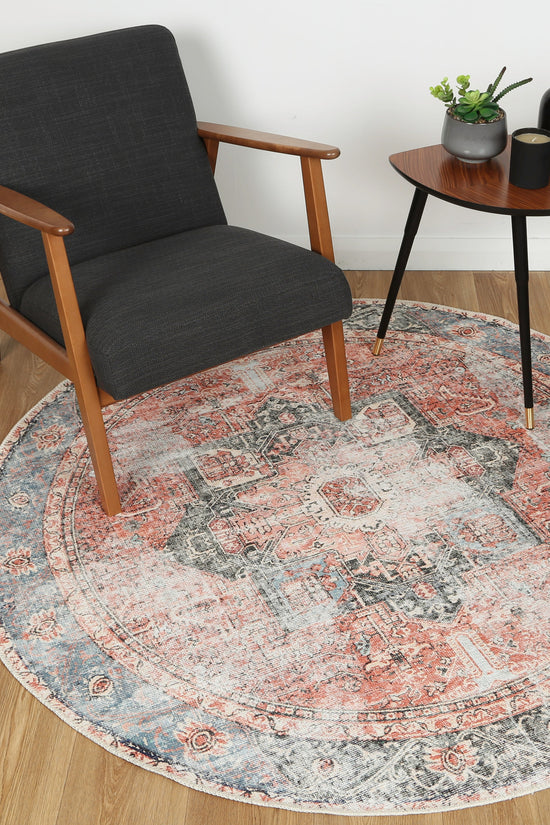 Distressed Vintage Cezanne Terracotta Blue Washable Round Rug - VITAL 1610-01