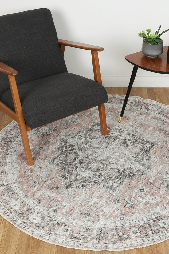 Distressed Vintage Cezanne Blush Washable Round Rug - VITAL 3082-11