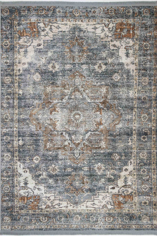 Distressed Vintage Cezanne Rabbit Gray Inca Gold Area Rug - VITAL 2244-04 (with fringe)