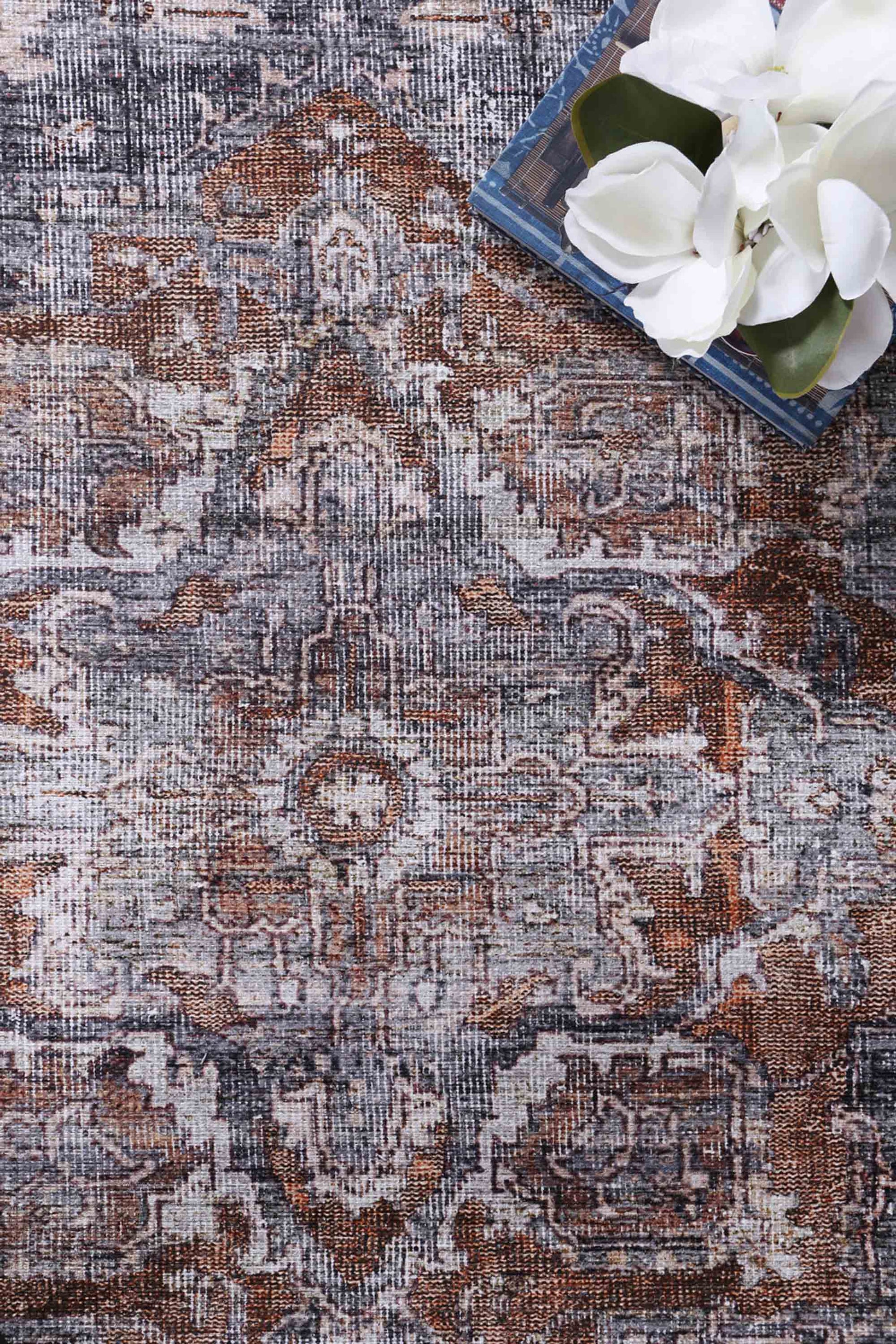 Distressed Vintage Cezanne Rabbit Gray Inca Gold Area Rug - VITAL 2244-04 (with fringe)