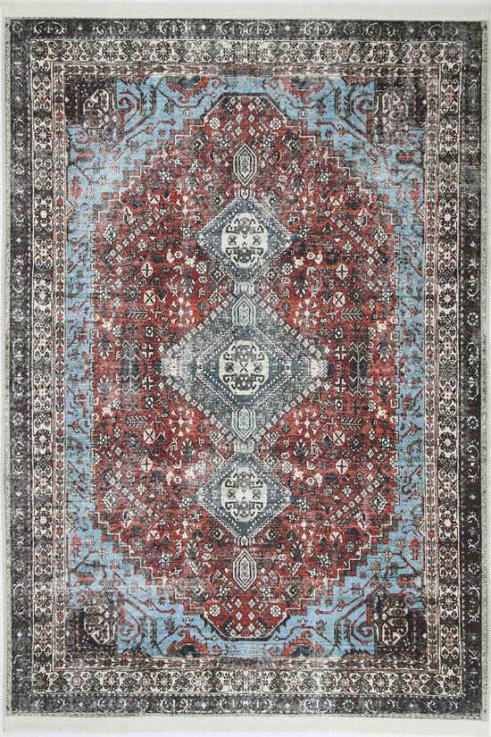Loane Distressed Vintage Ruby & Sky Blue Rug - VITAL 2923-00 (with fringe)