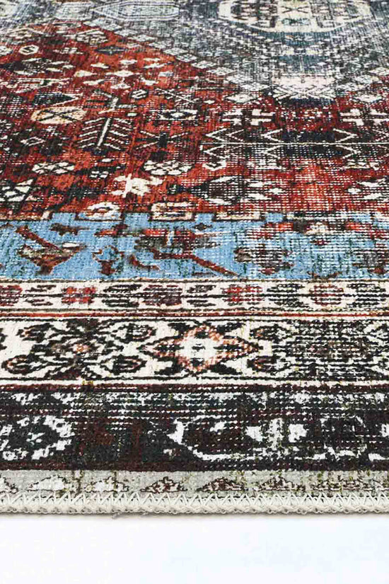 Loane Distressed Vintage Ruby & Sky Blue Rug - VITAL 2923-00 (with fringe)