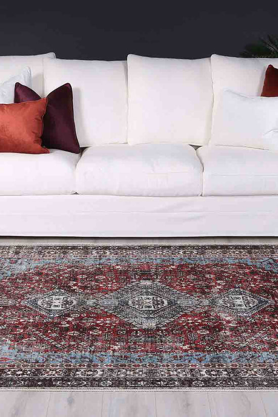 Loane Distressed Vintage Ruby & Sky Blue Rug - VITAL 2923-00 (with fringe)