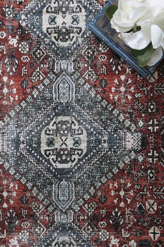 Loane Distressed Vintage Ruby & Sky Blue Rug - VITAL 2923-00 (with fringe)